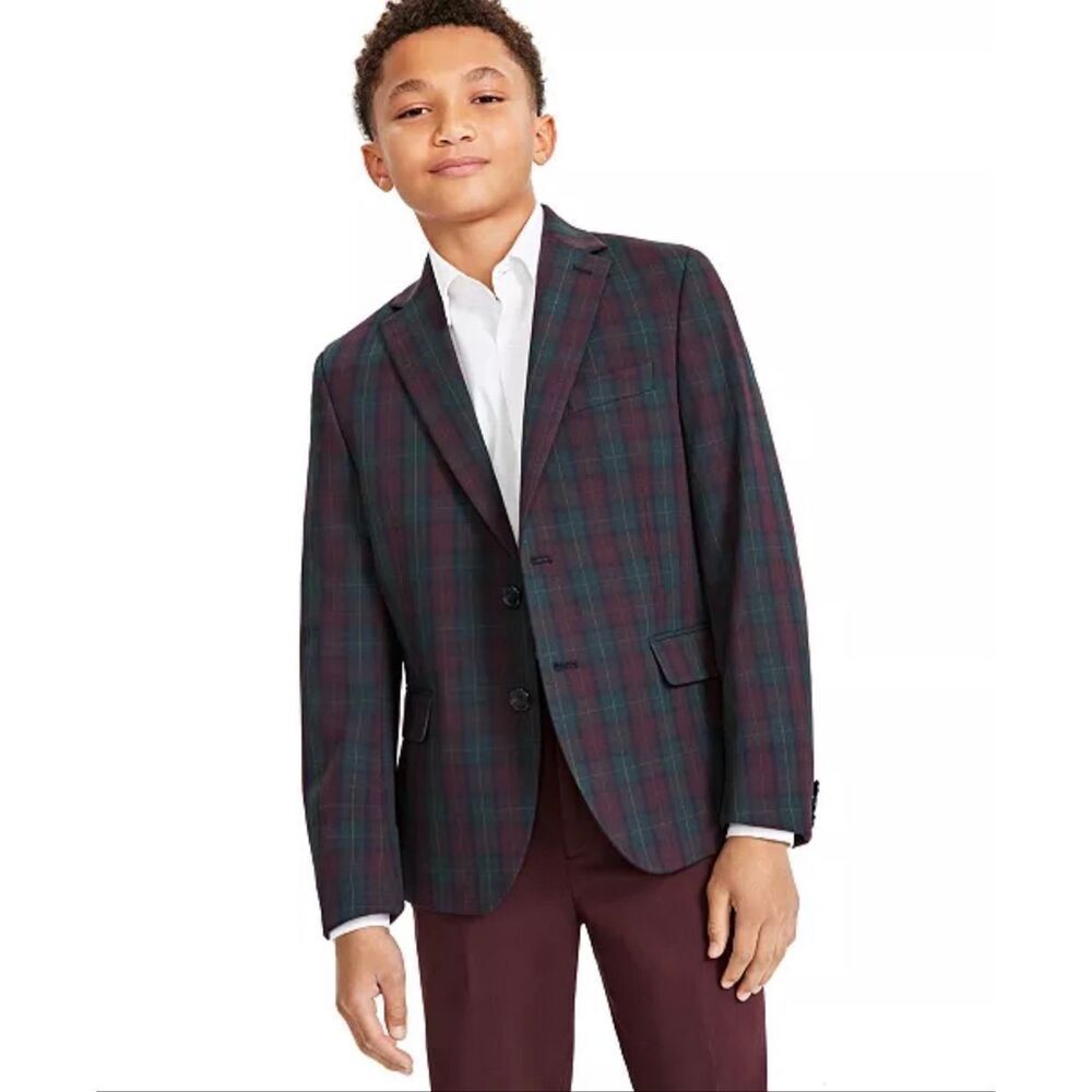 B By Brooks Brothers Youth Bamboy Classic Plaid Suit Jacket Wine/Green 16R